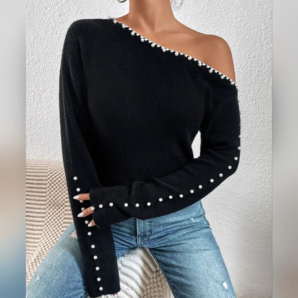 Beaded Asymmetrical Neck Sweater - Picture 2 of 5